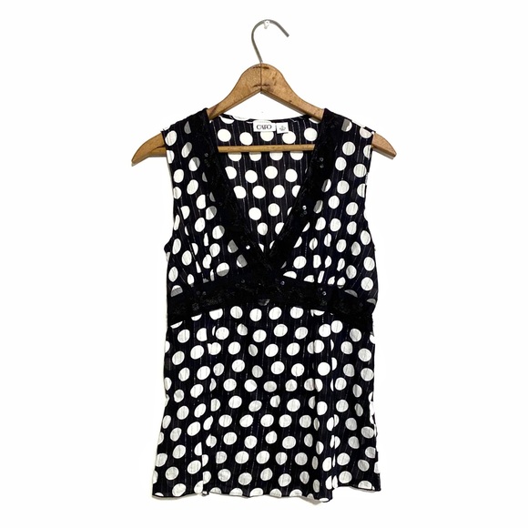 Cato Polka Dot Sequin Lace Trim Cami Tank Sleeveless Fitted V-Neck Blouse Top M - Picture 2 of 12